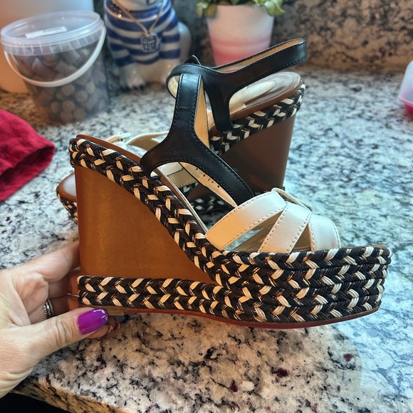 EUC Christian Louboutin wedges, size 36 (US size 6), white and black leather - Picture 9 of 10